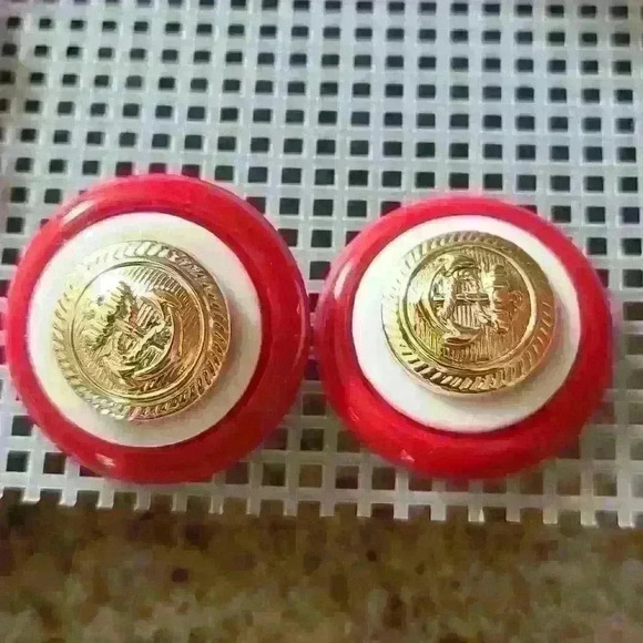 Vintage boat anchor  earrings red white gold colors - Picture 6 of 13